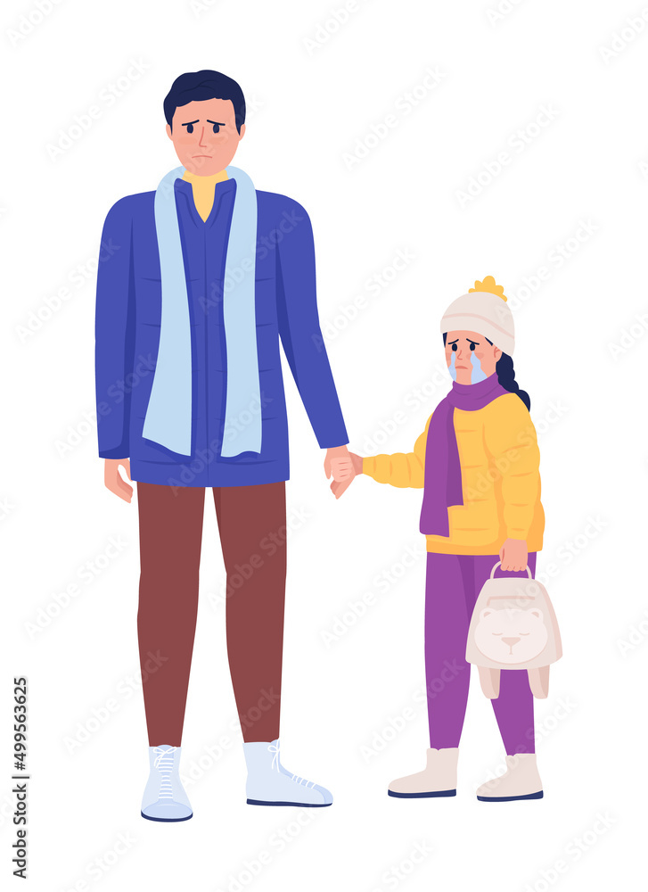 Dad holding weeping daughter hand semi flat color vector characters. Depressed figures. Full body people on white. Simple cartoon style illustration for web graphic design and animation