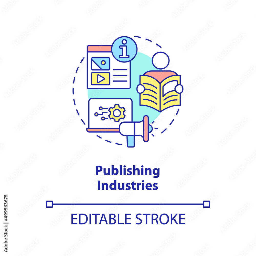 Publishing industries concept icon. Info sector component abstract idea thin line illustration. Books and newspapers. Isolated outline drawing. Editable stroke. Arial, Myriad Pro-Bold fonts used