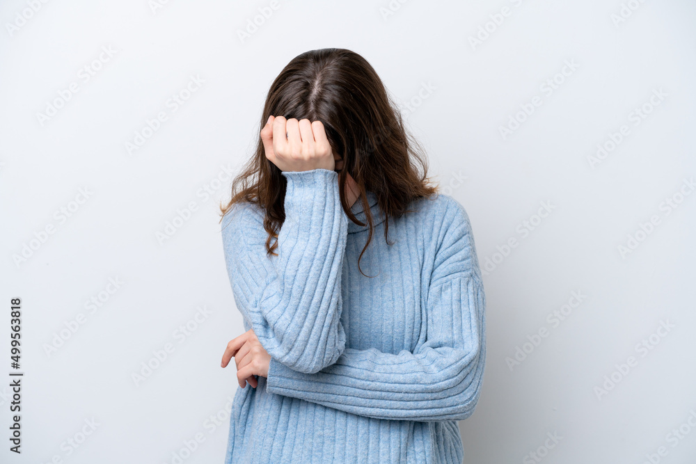 Young caucasian woman isolated on white background with headache Young caucasian woman isolated on white background with headache