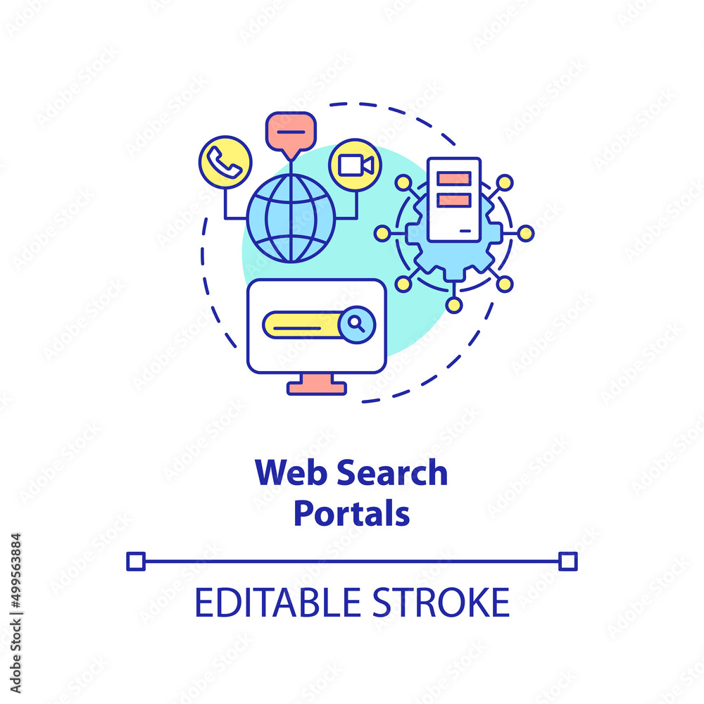 Web search portals concept icon. Information sector component abstract idea thin line illustration. Search engines, forums. Isolated outline drawing. Editable stroke. Arial, Myriad Pro-Bold fonts used