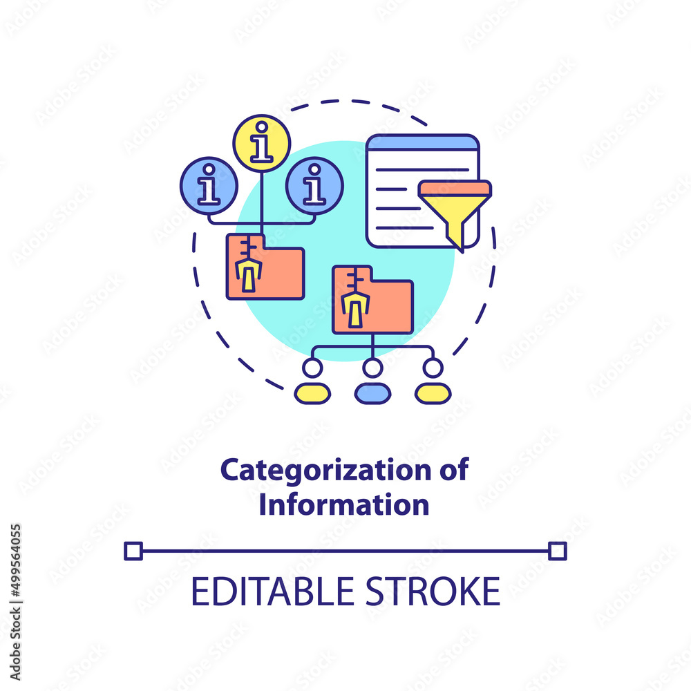 Categorization of information concept icon. Assignment of information industry abstract idea thin line illustration. Isolated outline drawing. Editable stroke. Arial, Myriad Pro-Bold fonts used