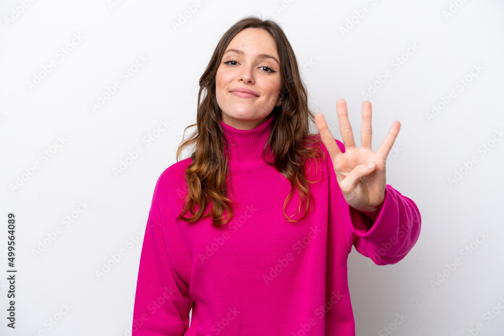 Young caucasian woman isolated on white background happy and counting four with fingers Young caucasian woman isolated on white background happy and counting four with fingers