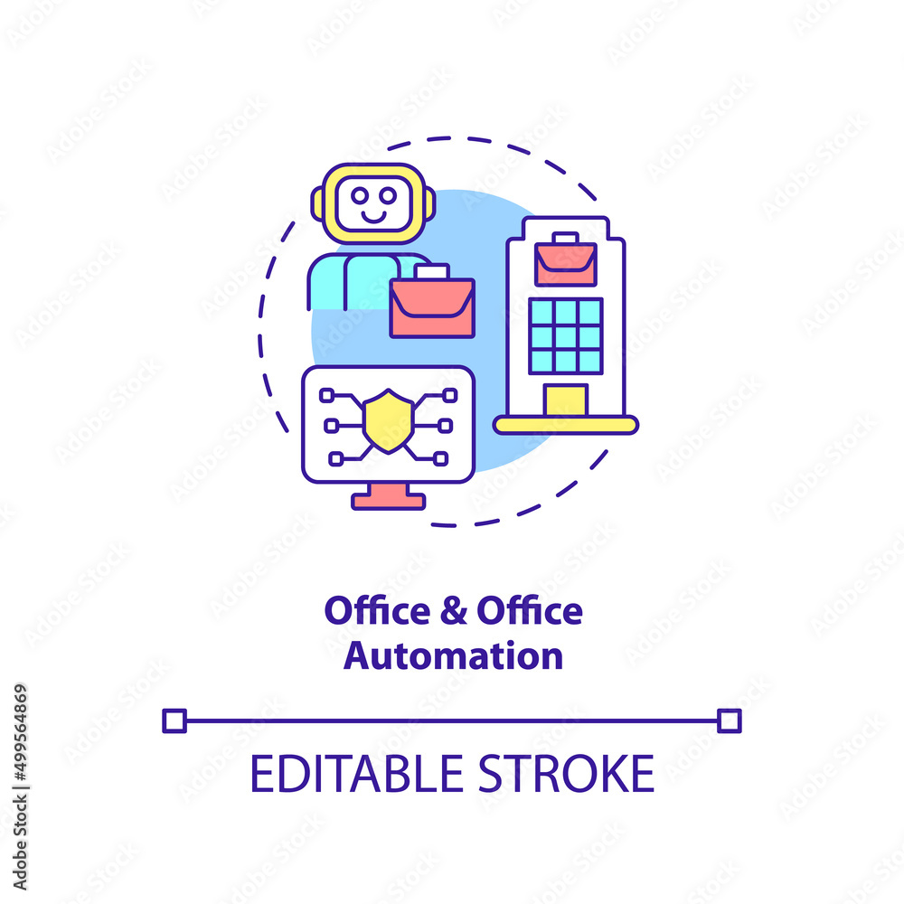 Office and office automation concept icon. Information systems kind abstract idea thin line illustration. Future of work. Isolated outline drawing. Editable stroke. Arial, Myriad Pro-Bold fonts used