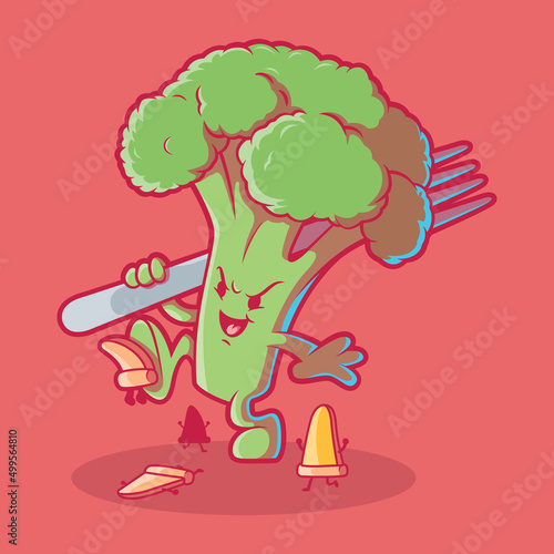 Cute Broccoli smashing pizza slices vector illustration. Food, vegetable, funny design concept.