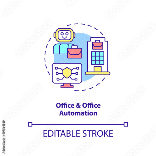 Fototapeta Naklejka Na Ścianę i Meble -  Office and office automation concept icon. Information systems kind abstract idea thin line illustration. Future of work. Isolated outline drawing. Editable stroke. Arial, Myriad Pro-Bold fonts used