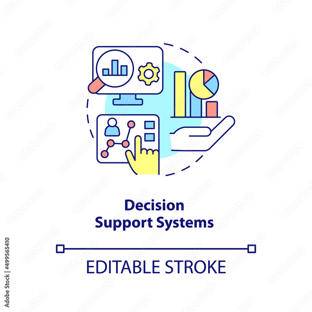 Decision support systems concept icon. Data analyzing abstract idea thin line illustration. Decision-making activities. Isolated outline drawing. Editable stroke. Arial, Myriad Pro-Bold fonts used