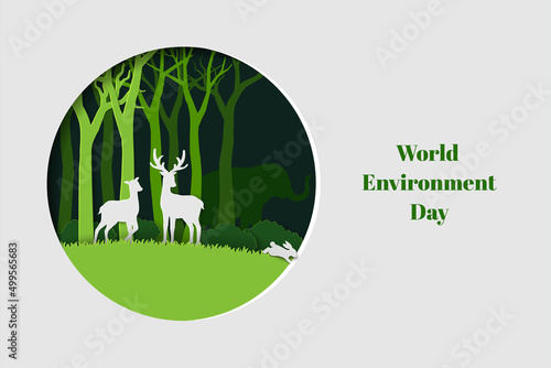 World environment day concept,eco friendly design with paper cut animals wildlife on round frame