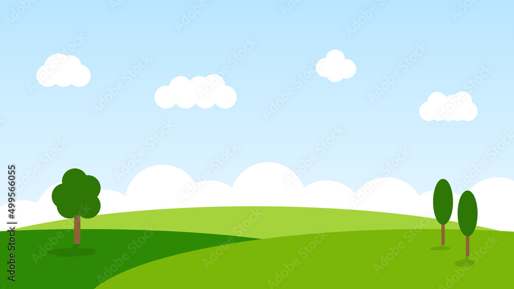 Fototapeta premium landscape cartoon scene with green hills and white cloud in summer blue sky background