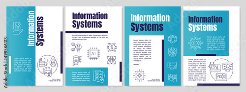 Managing information systems cyan brochure template. Data collecting and storage. Leaflet design with linear icons. 4 vector layouts for presentation, annual reports. Anton, Lato-Regular fonts used