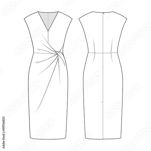 Fashion technical drawing of draped waist dress with V-neckline. Dress fashion flat sketch 