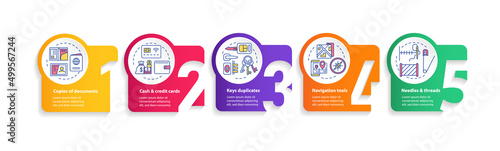 Essential things to pack circle infographic template. War actions. Data visualization with 5 steps. Process timeline info chart. Workflow layout with line icons. Myriad Pro-Bold, Regular fonts used