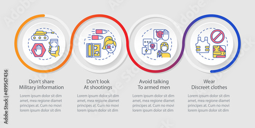 Actions during war and battles loop infographic template. Civilians survive. Data visualization with 4 steps. Process timeline info chart. Workflow layout with line icons. Myriad Pro-Regular font used