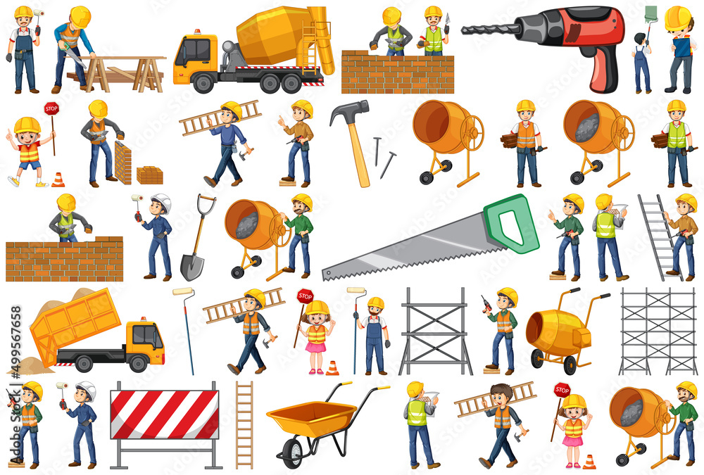 Construction worker set with man and tools Construction worker set with man and tools