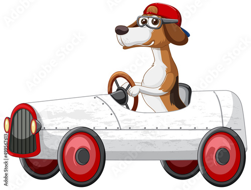 Funny dog cartoon character driving car on white background