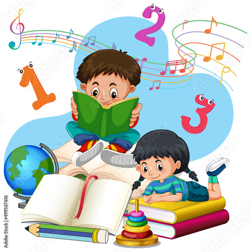 Boy and girl are reading books on a stack of books