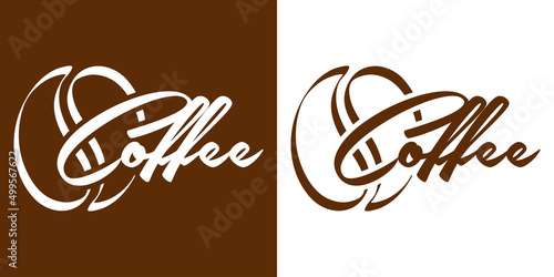 Coffee Shop. Banner con texto manuscrito Coffee con silueta de frijol de café con líneas en fondo marrón y fondo blanco