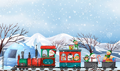 Santa and christmas elf on the train