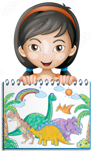 Coloured hand drawn dinosaurs on paper with a girl cartoon character