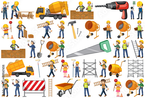 Construction worker set with man and tools