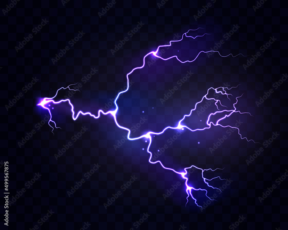 Thunderstorm effect of electric lightning, isolated neon thunderbolt or flash. Vector illustration, weather condition and realistic dangerous bolt. Spark strike, glowing and shining