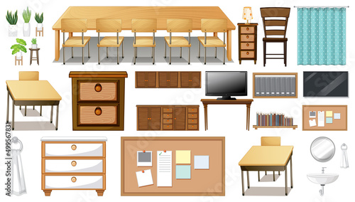 Furniture and household appliances on white background