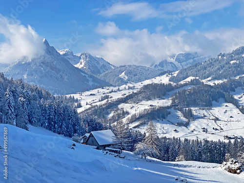 Winter snow idyll in the Thur river valley (or Thurtal) between the Alpstein and Churfirsten mountain massifs, Nesslau - Obertoggenburg region, Switzerland / Schweiz