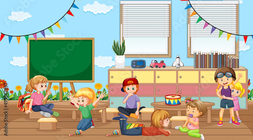 Scene of classroom with many kids playing