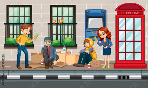 Outdoor scene with homeless people