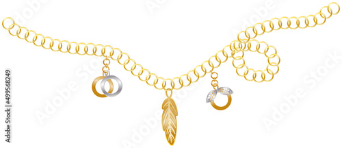 Golden chain with bijouterie pendent. Isolated on white background vector graphics art. Design for stickers, logo, web. Decorative element decoration with pendant, accessory for clothing or textiles