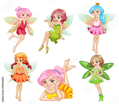 Set of different beautiful fairy girl cartoon character