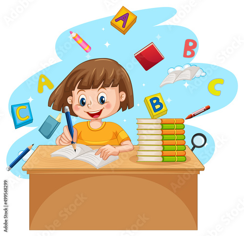 A girl doing homework with books on white background