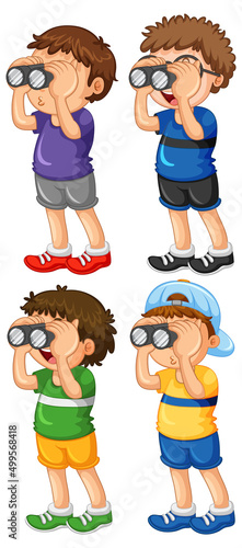 Set of children look through binoculars