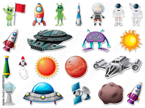 Sticker set of outer space objects and astronauts