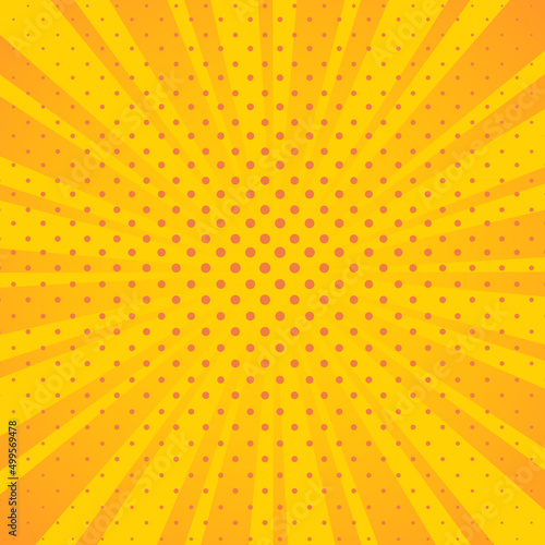 Bright yellow background with circular sunbeams from center.