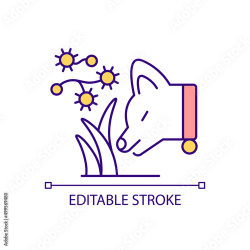 Dog sniffing grass contaminated by feces RGB color icon. Canine influenza risk. Eating dirty grass. Isolated vector illustration. Simple filled line drawing. Editable stroke. Arial font used