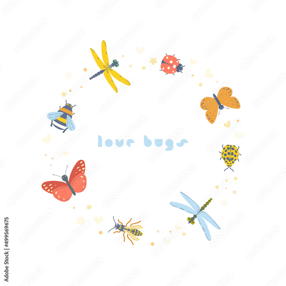 Love bugs print cute flat style illustration