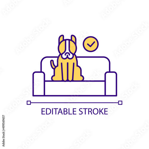 Dog sitting on couch RGB color icon. Allowing pet laying on furniture. Territorial behavior. Isolated vector illustration. Simple filled line drawing. Editable stroke. Arial font used