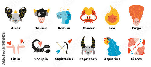 Zodiac signs. Bundle of vector illustration, astrological theme set isolated on white background.