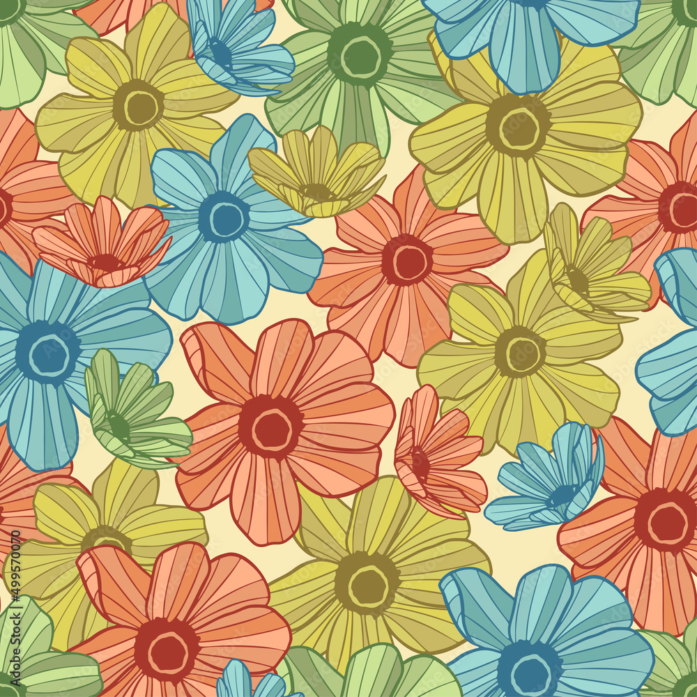 Hand Drawn Colorful Flowers. Floral Seamless Sketch Pattern Background