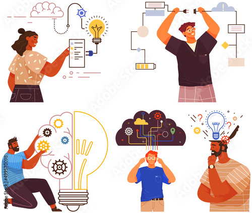Mindset types set structural, analytical, logical and creative artistic personality predisposition, people with different thinking concept. Mind behavior, mental perceiving, psychological concept