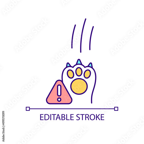 Sharp cat claws warning RGB color icon. Scratching human skin. Health complications risk. Isolated vector illustration. Simple filled line drawing. Editable stroke. Arial font used