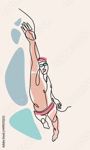 Single continuous line drawing of front crawl freestyle professional swimmer man focus training in gym swimming pool center. Trendy one line art draw design graphic vector illustration