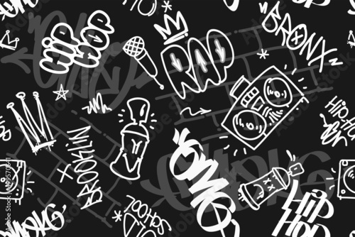 Hip-hop Graffiti and Rap music elements - vector seamless pattern background. Street art Tags on endless background. Graffiti design for print tee, apparel and textile design. Hip-hop grafitti art 