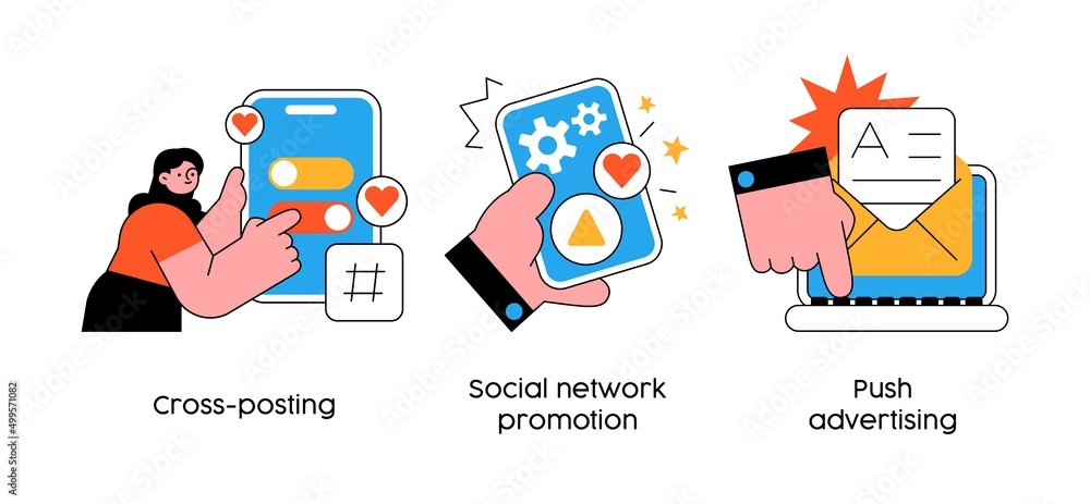 Online media promotion strategies - set of business concept illustrations. Cross-posting, social network promotion, push advertising. Visual stories collection. Online media promotion strategies - set of business concept illustrations. Cross-posting, social network promotion, push advertising. Visual stories collection.