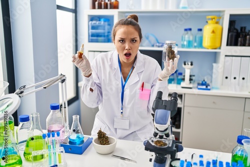Young hispanic woman doing weed oil extraction at laboratory in shock face, looking skeptical and sarcastic, surprised with open mouth