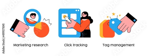 Targeting marketing strategy - set of business concept illustrations. Marketing research, Click Tracking, Tag Management. Visual stories collection