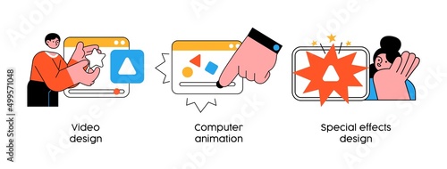 Video content creation and motion design - set of business concept illustrations. Video design, Computer animation, Special effects. Visual stories collection.