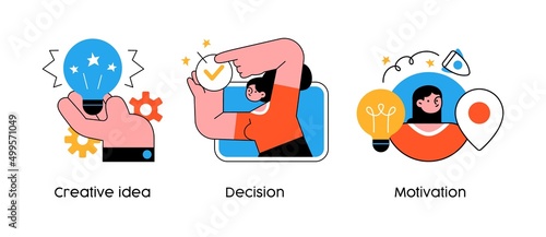 Creative solution discovery process - bright ideas and brainstorming concept illustrations. Creative idea, decision, motivation. Visual stories collection.