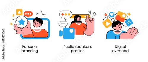 Online marketing strategy and social media - set of business concept illustrations. Personal branding, public speakers profiles, digital overload. Visual stories collection.