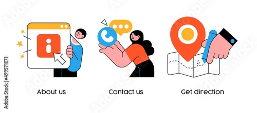 Customer loyalty and technical support web icons set. Clients hotline. Website information. About us, contact us, follow us metaphors.